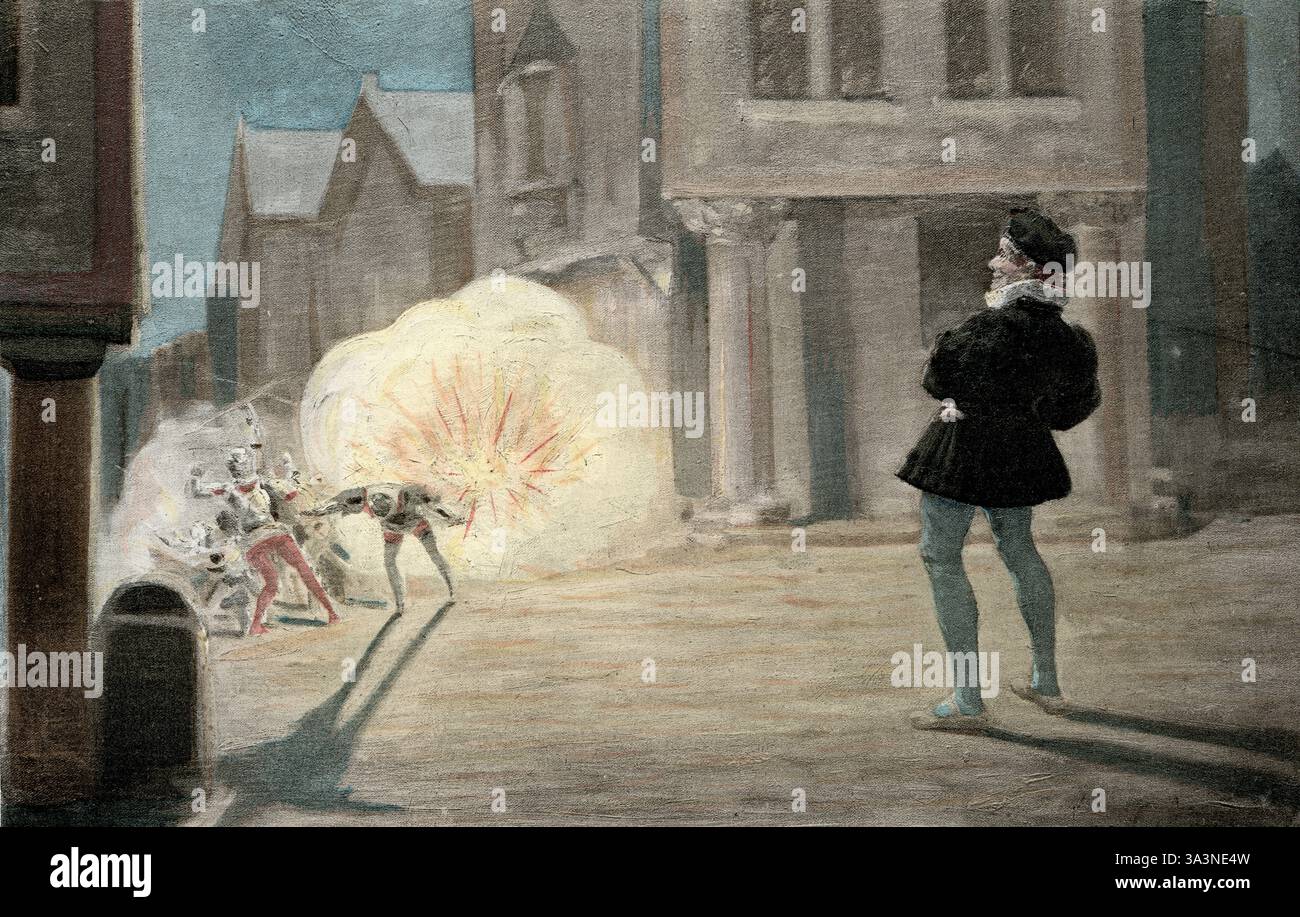 Szene aus Francois Rabelais Gargantua und Pantagruel von Jules Garnier. Kapitel 2.XVI.- über die Qualitäten und Bedingungen von Panurge. Zu einer anderen Zeit machte er an einem schönen Ort, wo die besagte Uhr vorbeigehen sollte, einen Zug Schießpulver, und in dem Augenblick, als sie mitfuhren, steckte ihn in Brand und machte sich dann Sport, um zu sehen, wie gut sie waren, wegzulaufen Stockfoto