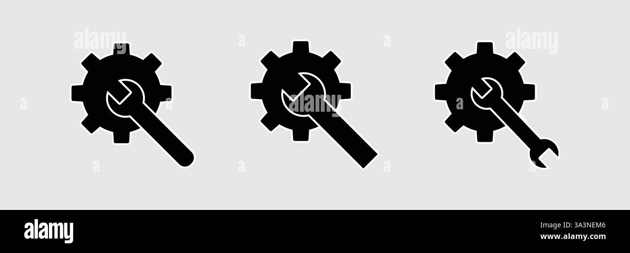 Getriebe mit schwarzem Vektor-Symbol mit Schraubenschlüssel. Zahnrad- und Schraubenschlüsselsymbol. Stock Vektor