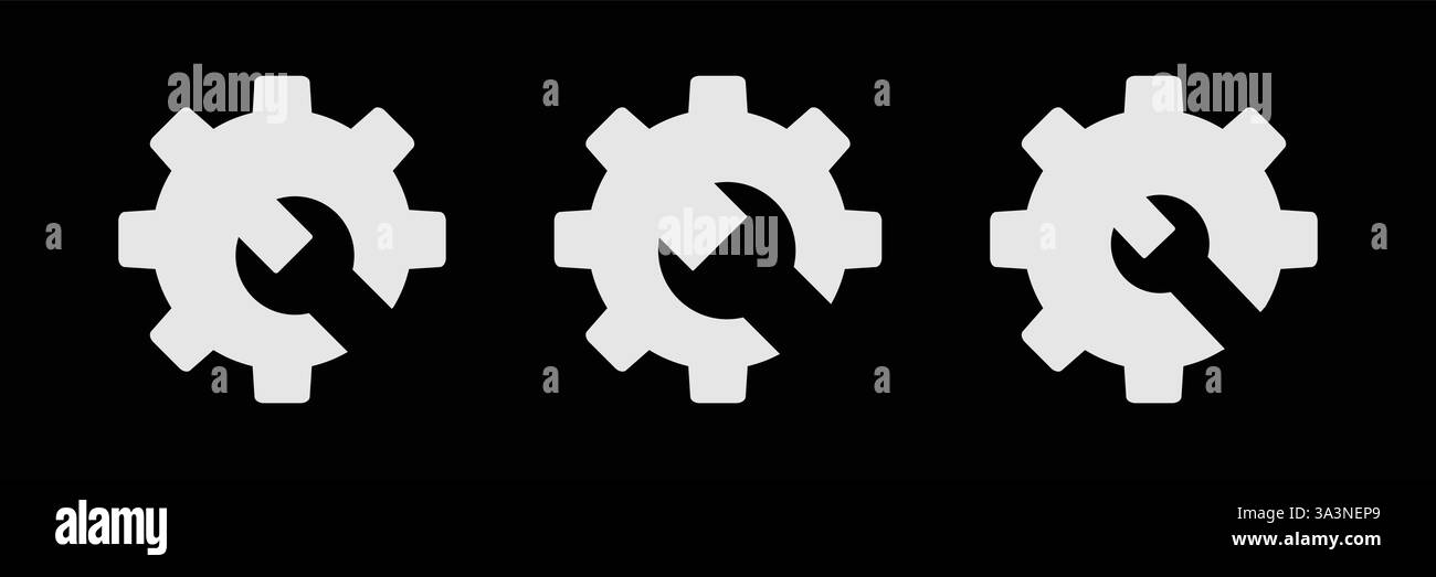 Getriebe mit schwarzem Vektor-Symbol mit Schraubenschlüssel. Zahnrad- und Schraubenschlüsselsymbol. Stock Vektor