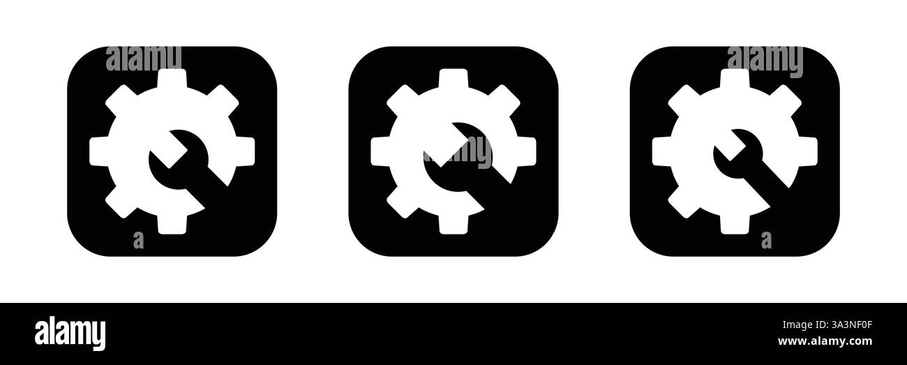 Getriebe mit schwarzem Vektor-Symbol mit Schraubenschlüssel. Zahnrad- und Schraubenschlüsselsymbol. Stock Vektor