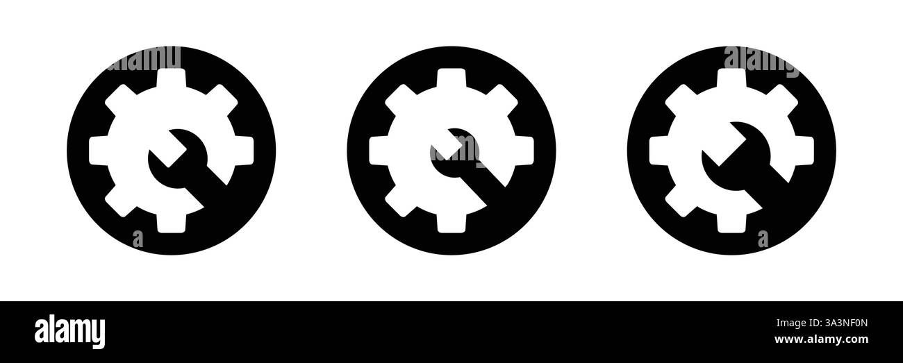 Getriebe mit schwarzem Vektor-Symbol mit Schraubenschlüssel. Zahnrad- und Schraubenschlüsselsymbol. Stock Vektor