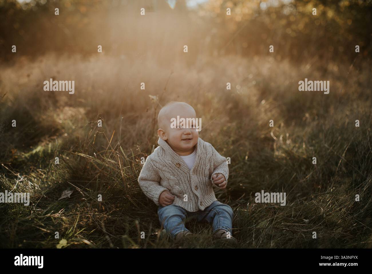 Porträt eines lächelnden Jungen, der im Feld sitzt und einen Strickpullover trägt Stockfoto