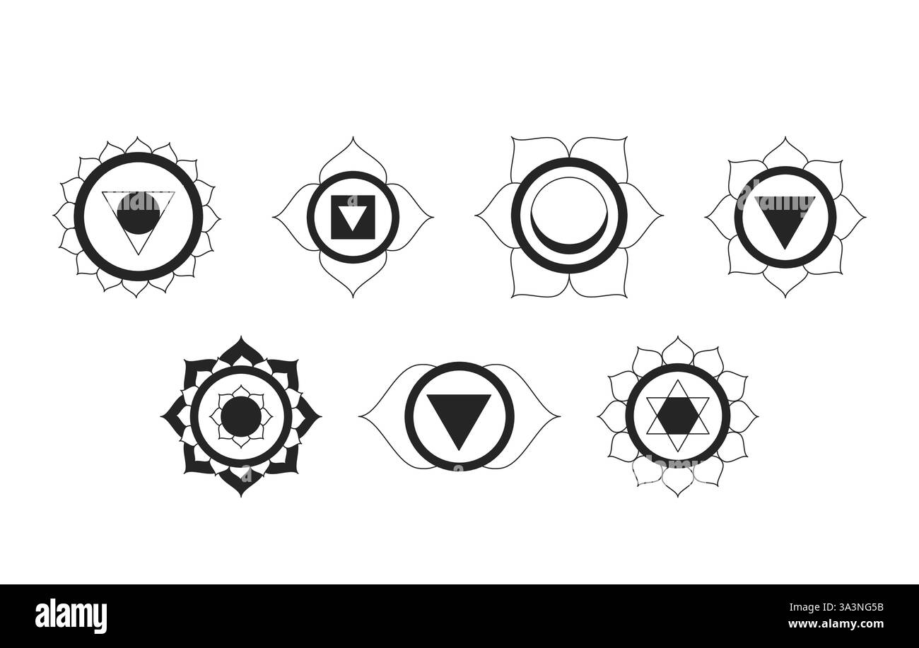 Sieben Chakra-Symbole 2D-Linienobjekte Stock Vektor