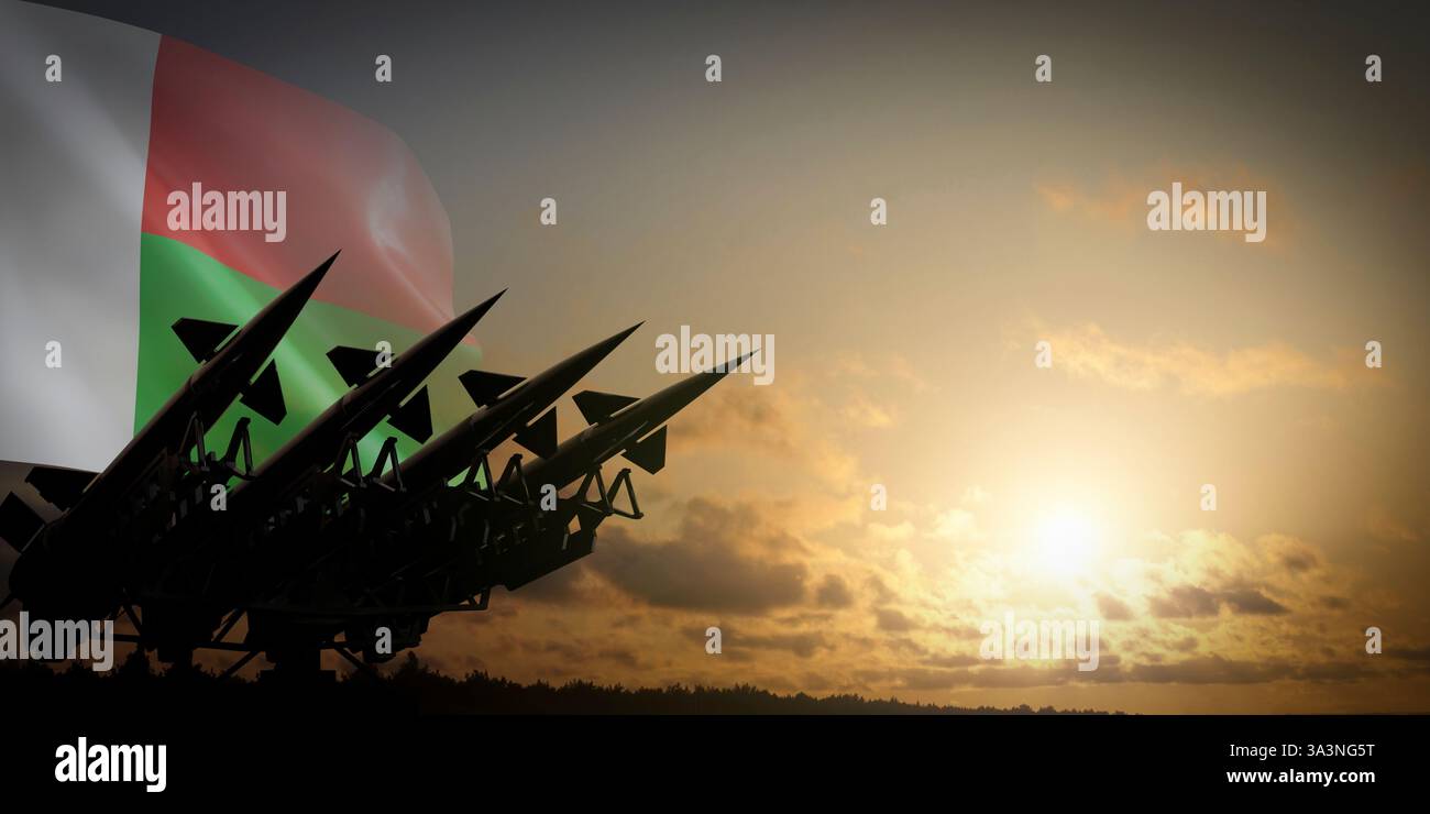 Flagge Madagaskars und Raketen - Verteidigungskonzept - 3D-Illustration Stockfoto