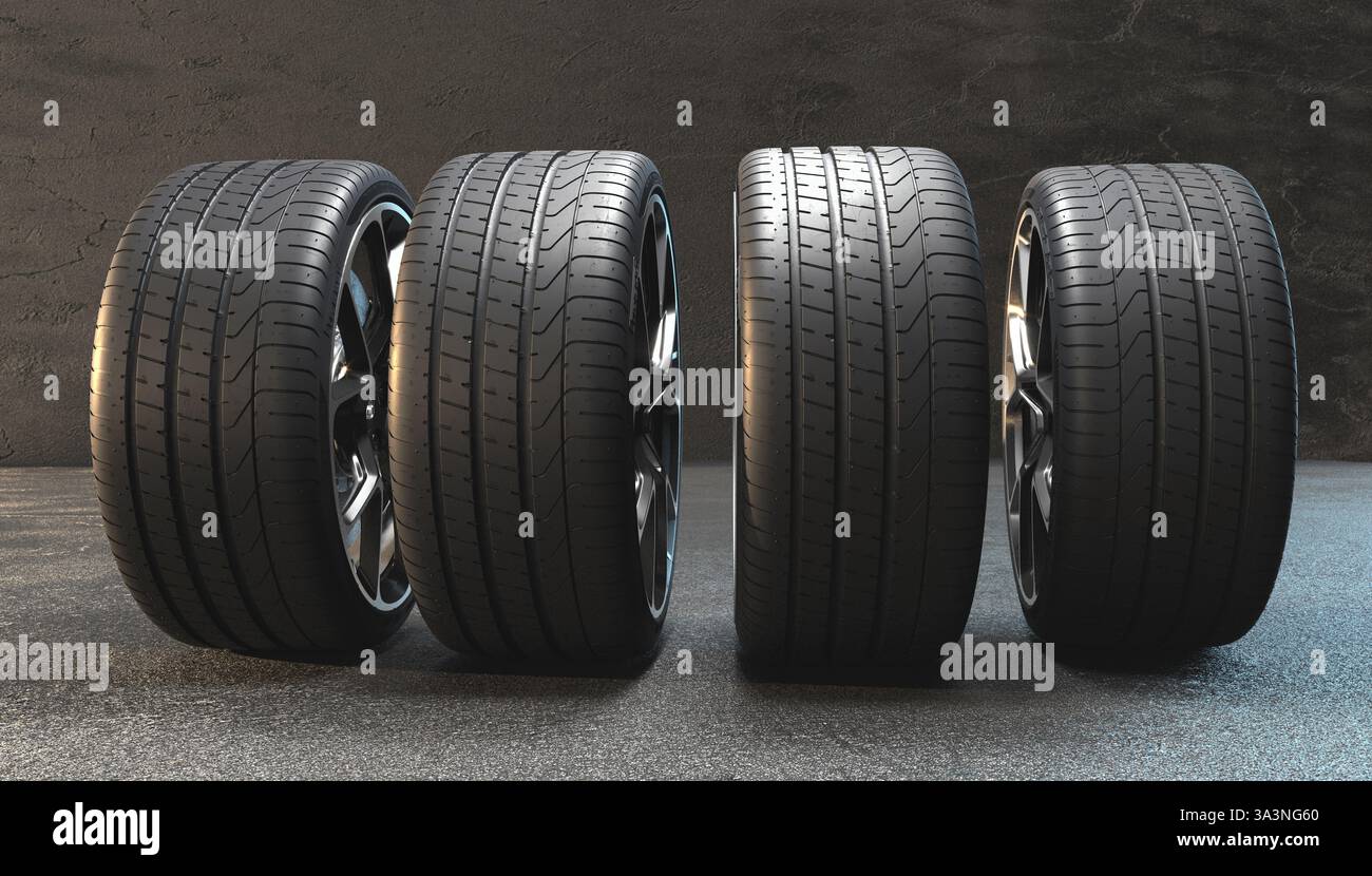 Räder mit Reifen eines Sportwagens Stockfoto