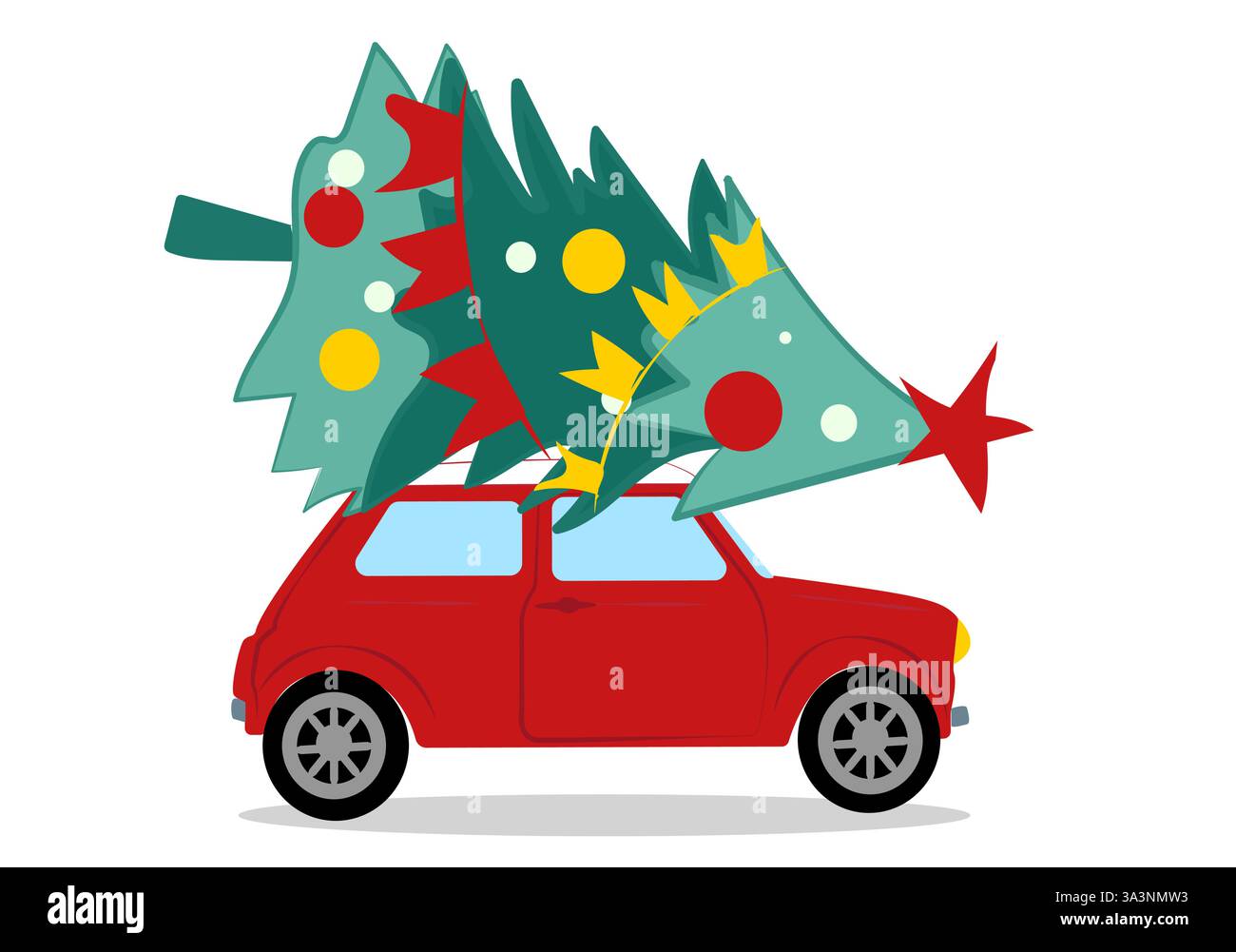 Festliches rotes Auto mit farbenfrohen Weihnachtsbäumen für Feiertage in einer verschneiten Winterkulisse während der Silvester-Saison Stock Vektor