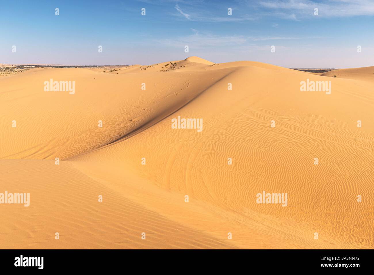 Windgepeitschte Sanddünen schaffen ein faszinierendes Muster im Herzen einer riesigen Wüste, das sich unter einem klaren blauen Himmel so weit das Auge reicht Stockfoto