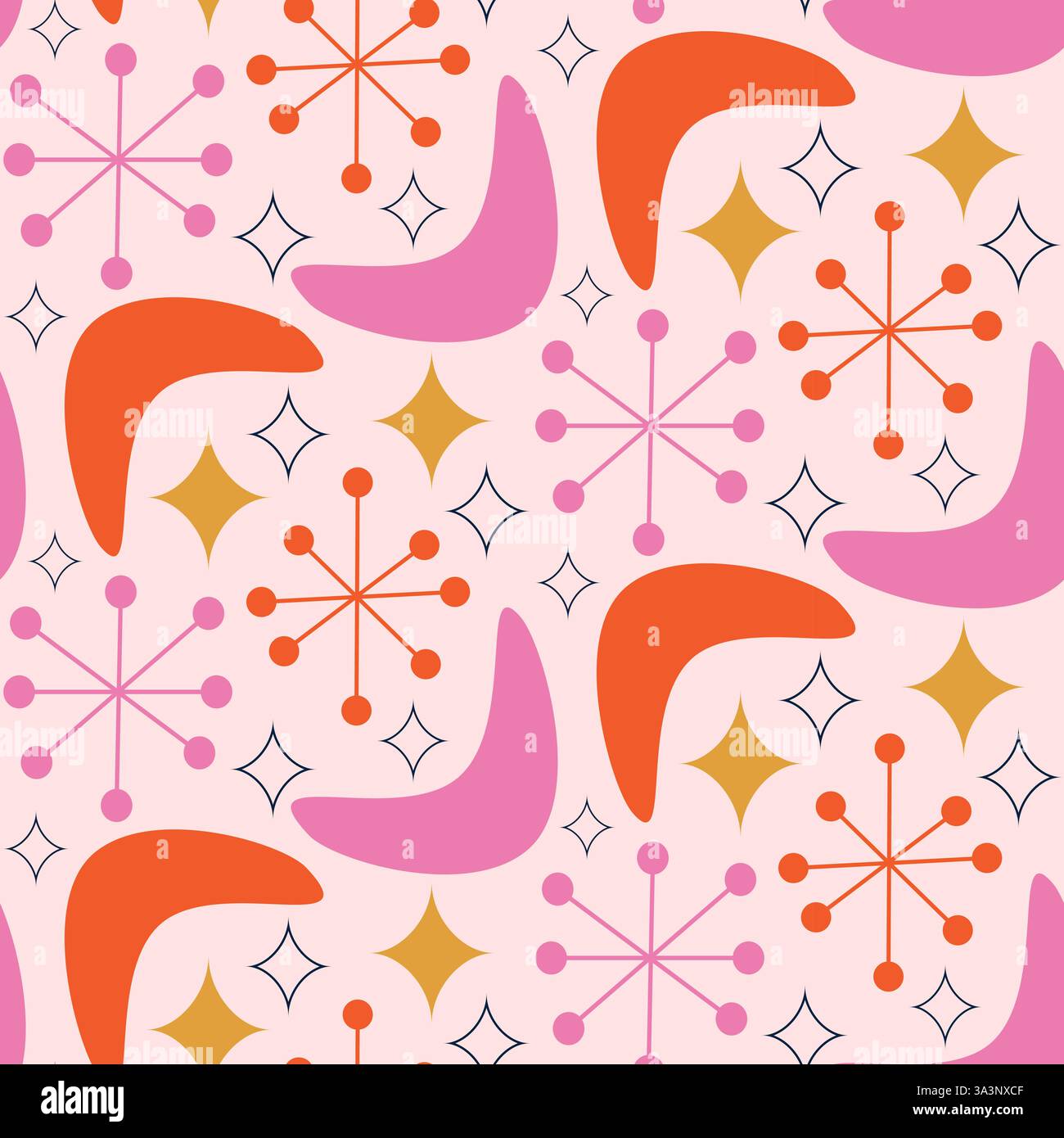 Mid Century Modern Boomerang nahtloses Muster mit Atomstarbursten in Orange, Rot, Rosa auf weißem Hintergrund. Für Wohnkultur, Textilien, Tapeten und Stock Vektor