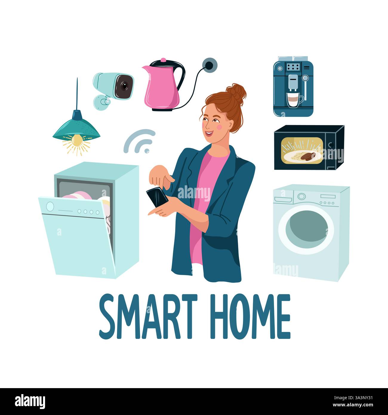 Smart-Home-Technologie-Konzept. Eine Frau steuert die Geräte im Haus aus der Ferne. Illustration des flachen Vektors auf weißem Hintergrund isoliert Stock Vektor