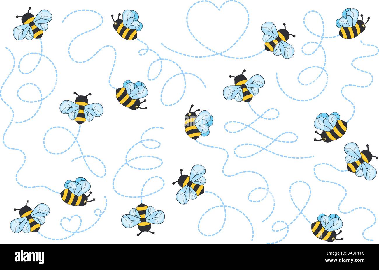 Bienen fliegen Pfad. Zeichentrickbiene Fliege gepunktete Linie Route, Hummel Wespe Hornet Honigbiene Flugbahn Buzz Buzz Buzz Buzz Buzz Baby Tier Insekt fliegen zu Honig oder Blume, Set ordentliche Vektor Illustration Original Artwork Stock Vektor