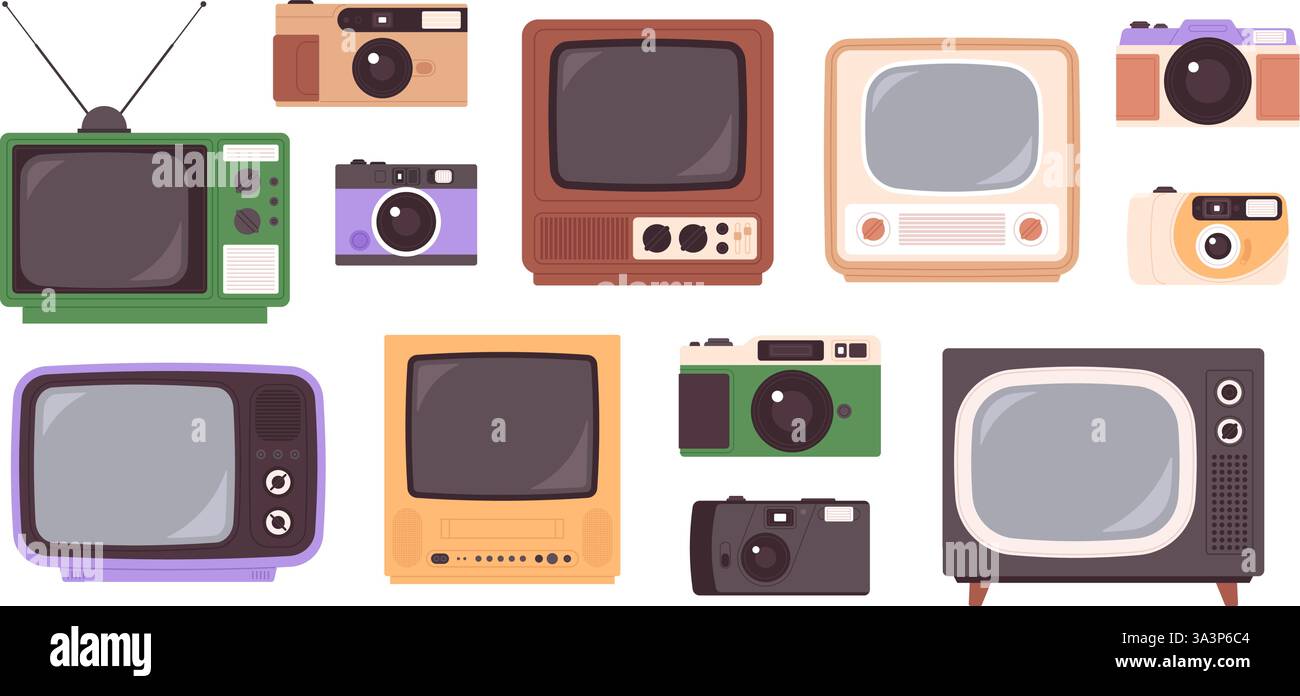 Retro-Fernseher. Vintage-Kamera und fernseher, digitales Home Entertainment-Zubehör. Stilvolle flache Technik 80er Jahre 90er Jahre Ikonen, Hipster Elements Vektor-Set Stock Vektor