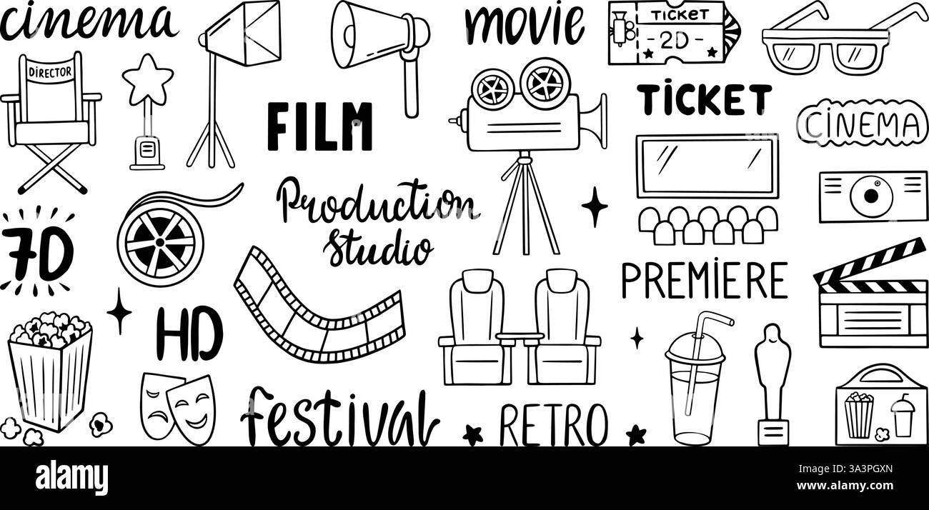 Cinema Handschrift. Handgeschriebener Text für Filmaufnahmen und Präsentationen. Studio-Produktion, Retro-Festival. Isolierte Filmsymbole, Neoteric Stock Vektor