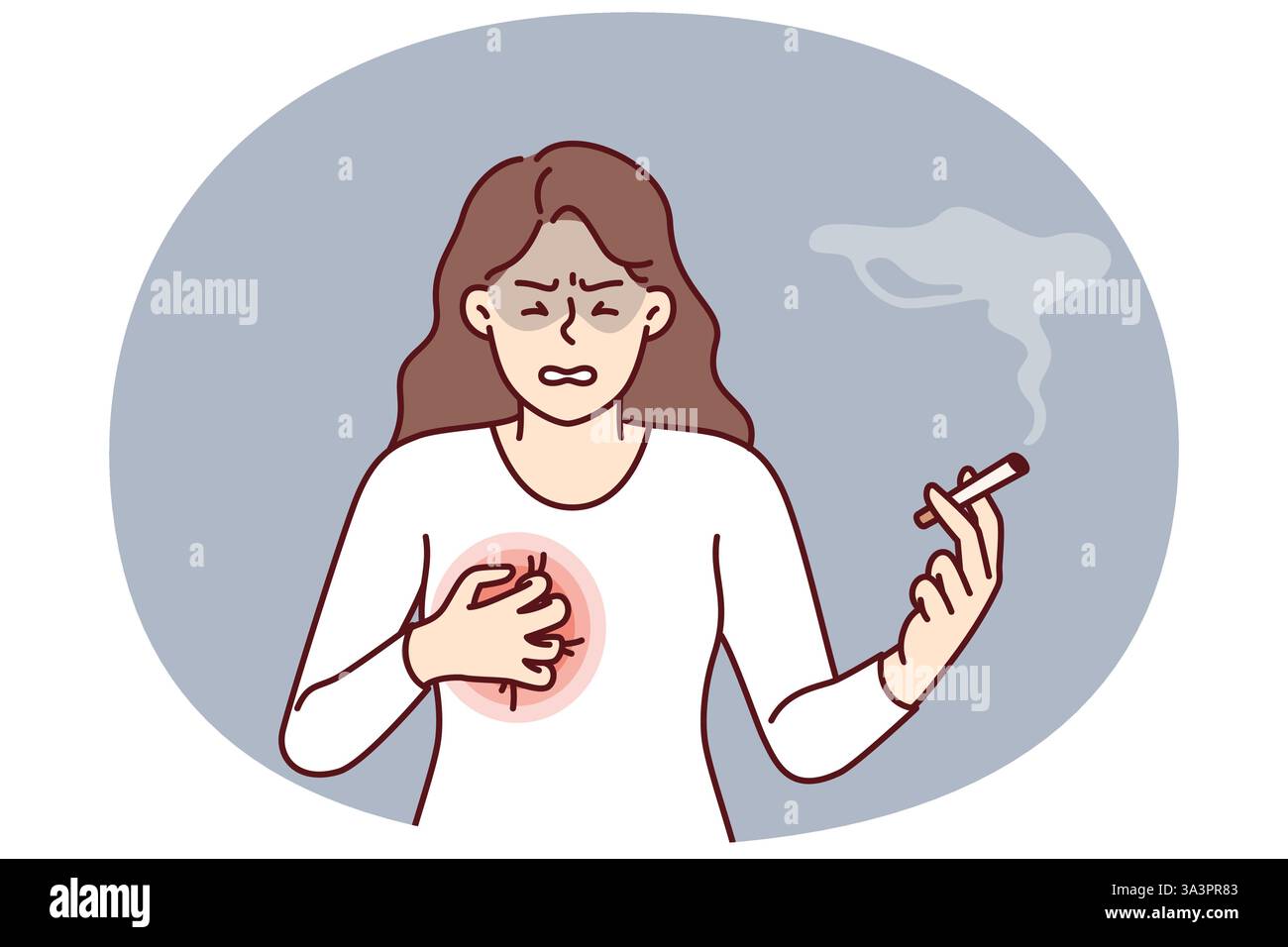 Frauen, die mit Herzbeschwerden rauchen, müssen auf Zigaretten und Tabak verzichten, um nicht an Krebs zu sterben. Das kranke Mädchen fühlt starke Schmerzen in der Brust aufgrund des Langzeitrauchens von Nikotin-Zigaretten. Stock Vektor