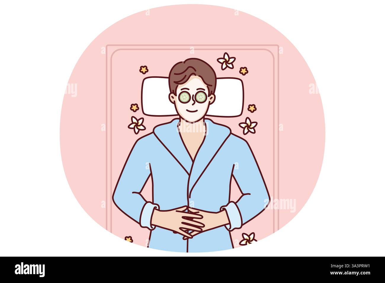 Ein Mann mit Tonmaske im Gesicht liegt im SPA während der Verjüngung und Falten-Behandlung. Ein Typ mit Gurken auf den Augen lächelt im SPA-Salon und stellt nach harter Arbeit Kraft wieder her Stock Vektor