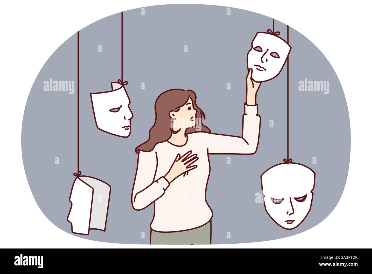 Weibliche Schauspielerin wählt Maske für Theaterauftritte oder ersetzt Emotionen, um den Gesprächspartner zu täuschen. Mädchen mit Masken, Metapher für Heuchelei und psychische Störungen oder psychische Probleme. Stock Vektor