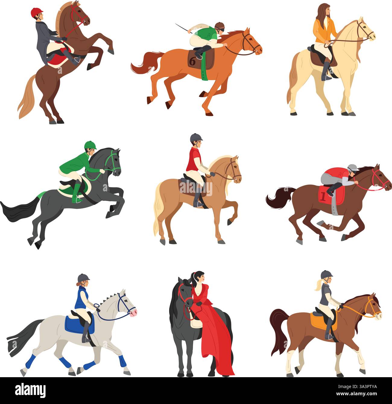 Cartoon-Reiter. Menschen, die Pferde reiten, professionelle Reiter in Jockeykleidung und Helme, die galoppieren, springen, Dressur und Rennen Stock Vektor
