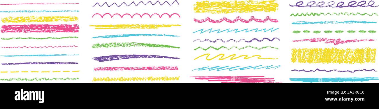 Buntstifte Linien und Striche. Scrawl Separator, strukturierter Kreidestrich, Trennlinie mit Kritzelung und handgezeichneter Rande. Gerade, lockig, wellig und Stock Vektor