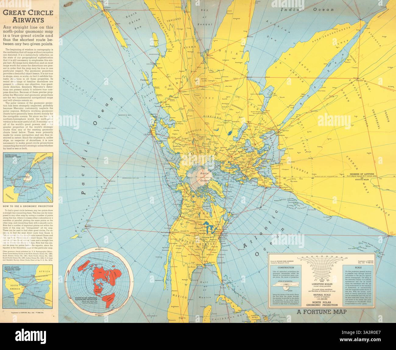 Great Circle Airways von Richard EDEs Harrison. Geostrategische Überzeugungskarte 1943 Stockfoto