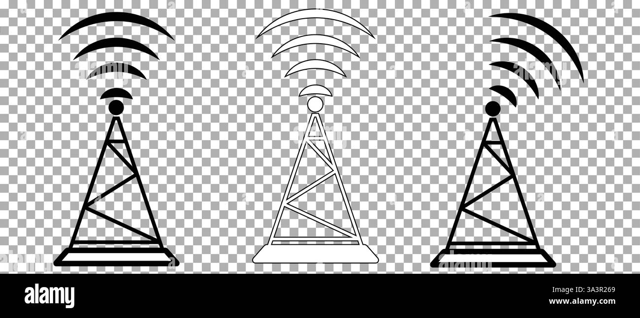 Set des Funkturm-Symbols. Internet- und Mobilfunkverbindung. Lineare Ausführung. Vektorabbildung isoliert auf transparentem Hintergrund Stock Vektor