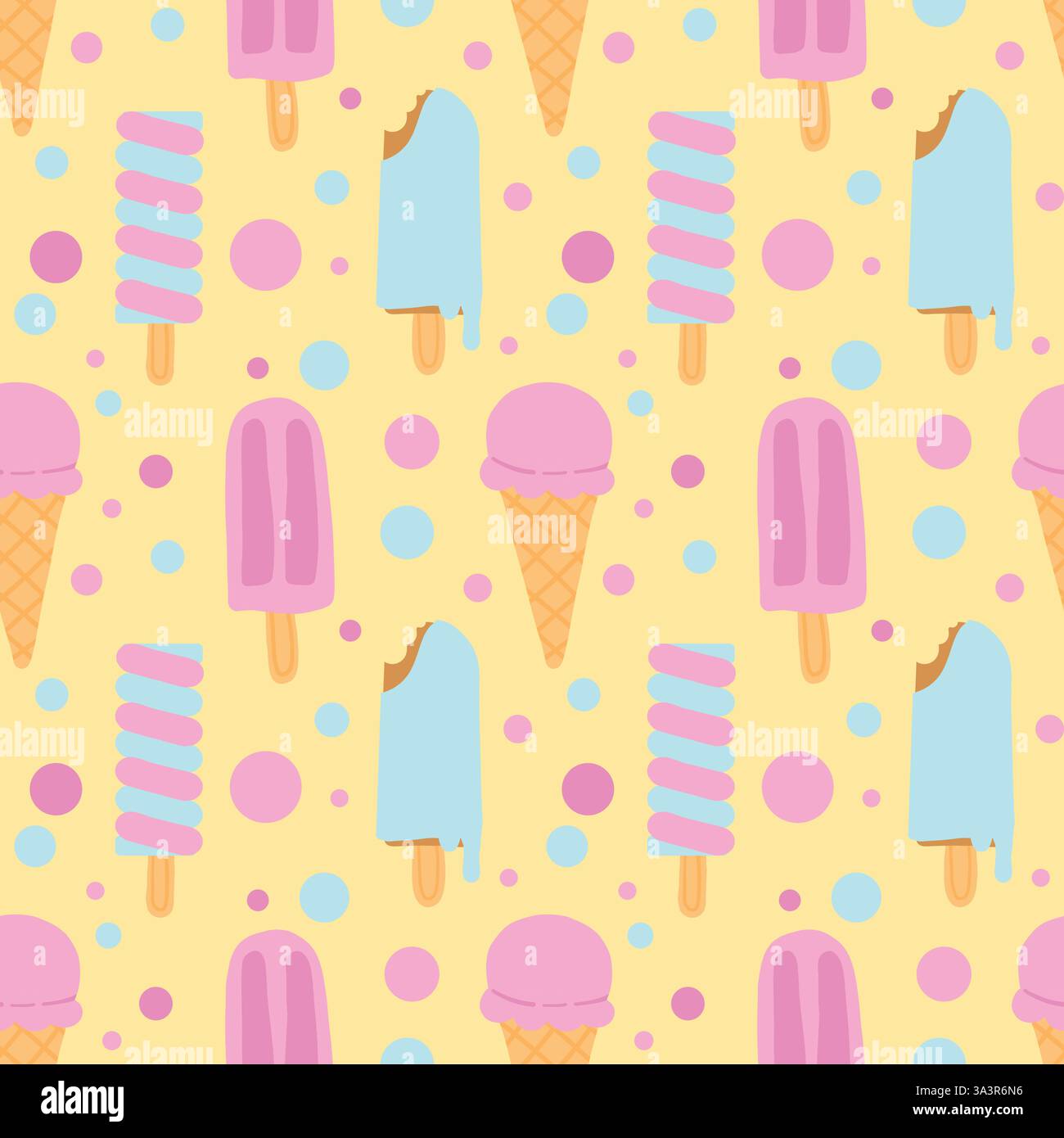 Nahtloses Eismuster mit Eis und Kegeln auf pastellgelbem Hintergrund mit Punkten Stock Vektor