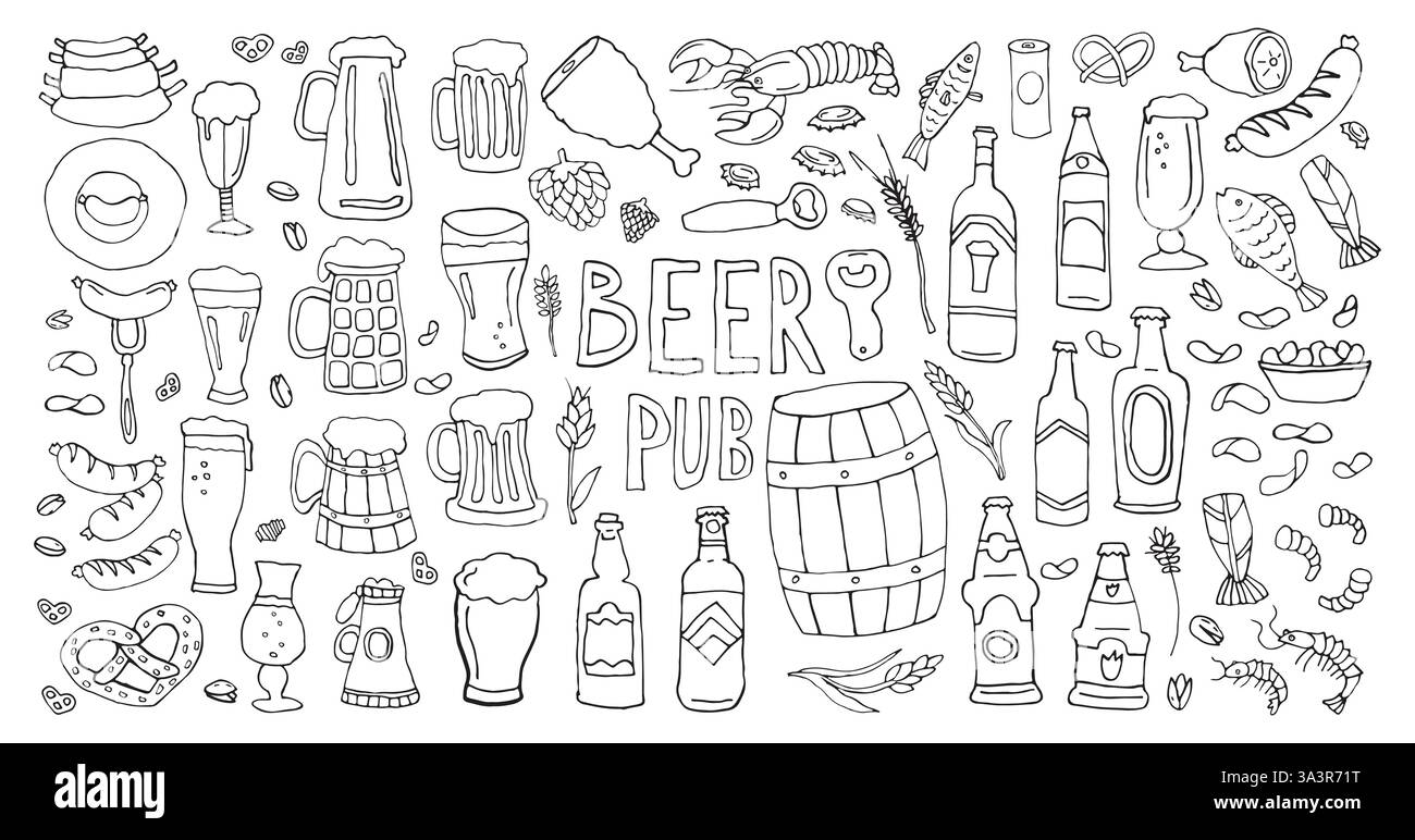 Vector Hand gezeichnete Doodle Bier Pub Elements Tassen Flaschen Snacks Meeresfrüchte auf weiß Stock Vektor