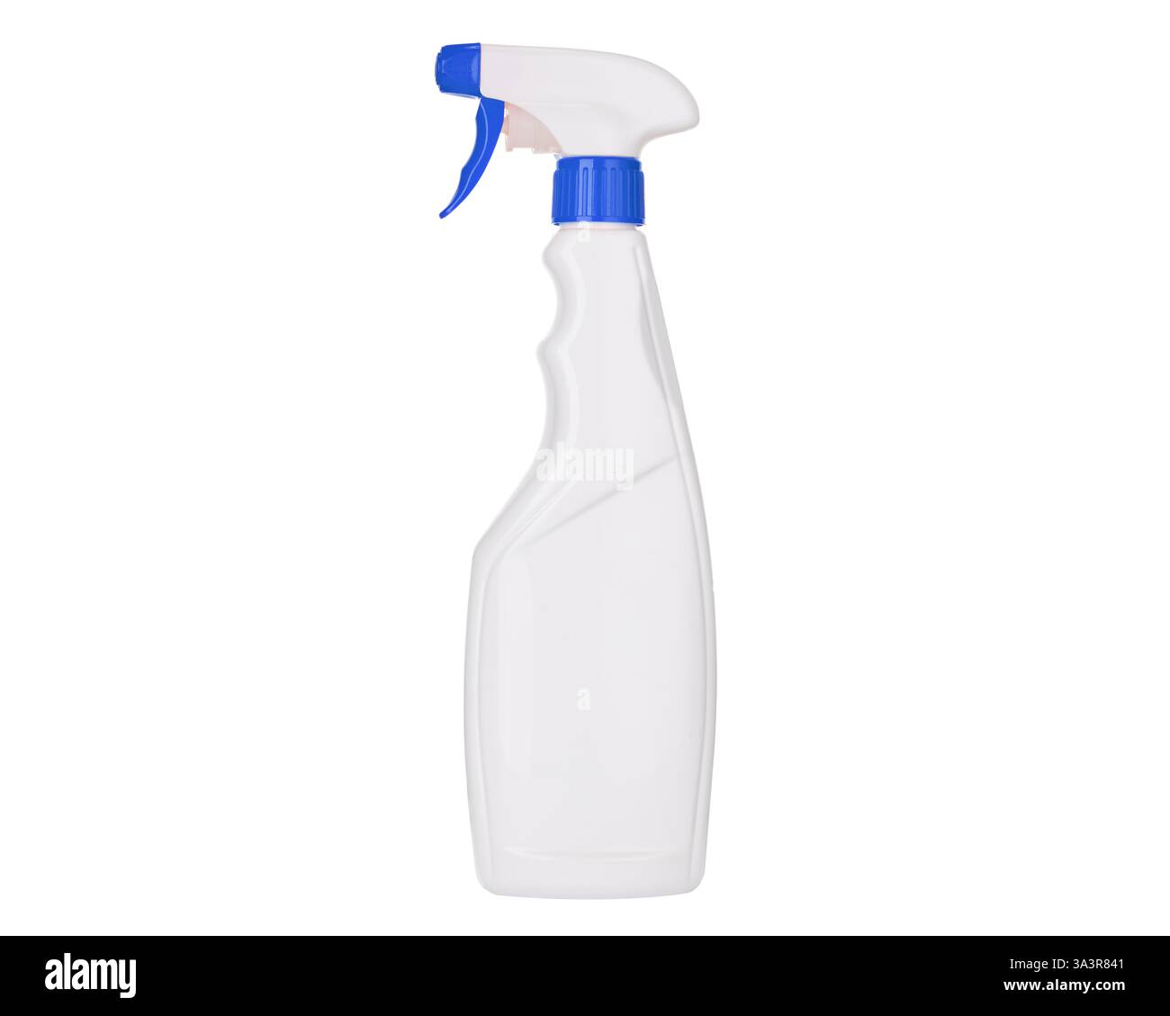 Sprühflasche aus weißem Kunststoff mit blauer Düse Stockfoto