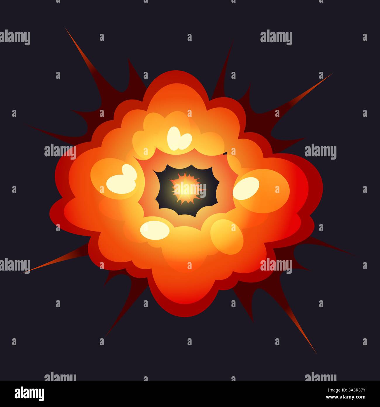 Explosion. Bombenrahmen für Text. Militärisches Symbol. Waffendynamit-Ausleger-Zeichen. Comic-Feuerelemente. Feuerball explodieren, Flammenausbruch zerstören. Rot-orange Farben. Vektor-Cartoon flache isolierte Illustration Stock Vektor