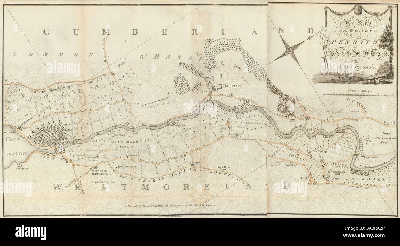 Eine Karte der Straßen zwischen Penrith und Ullswater von James Clarke 1789 alt Stockfoto
