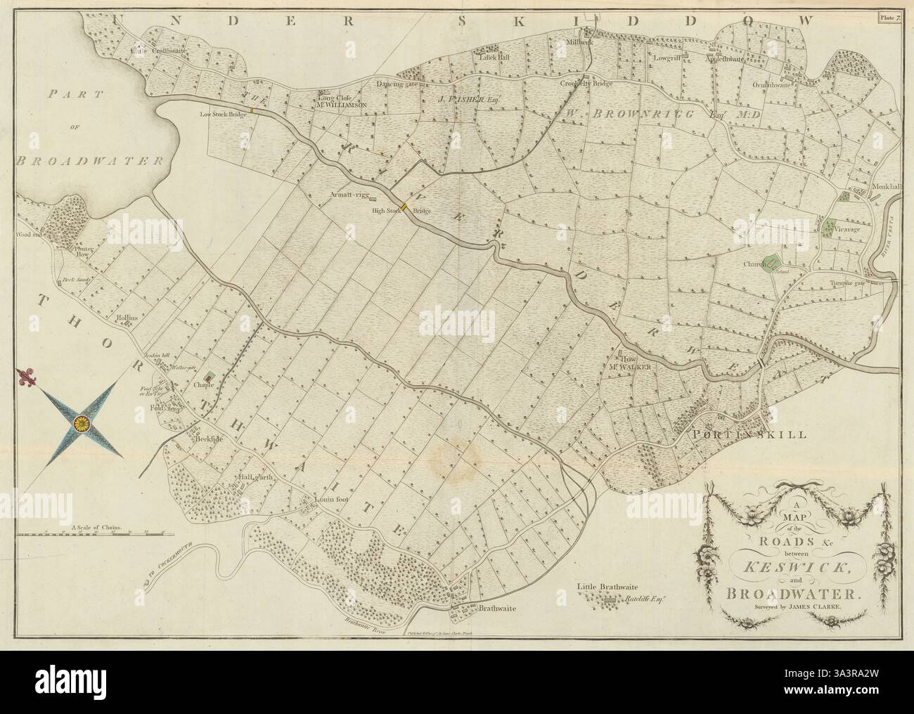 Roads between Keswick & Broadwater [Bassenthwaite Lake] by James Clarke 1789 Karte Stockfoto