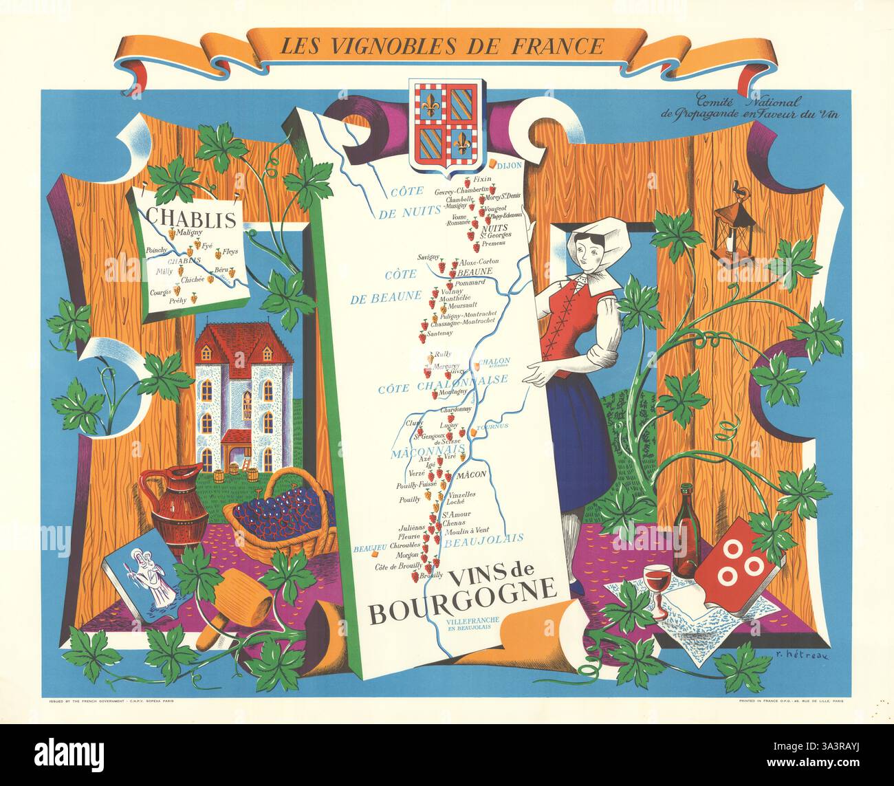 BURGUND WEINKARTE Vignobles de France. Vins de Bourgogne & Chablis. HETREAU 1954 Stockfoto