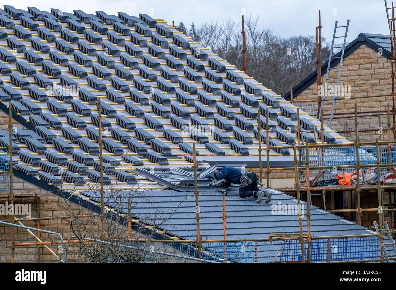 Ein Dachdecker, der auf einem Dach eines neu errichteten Hauses arbeitet, Chipping, Preston, Lancashire, Großbritannien Stockfoto