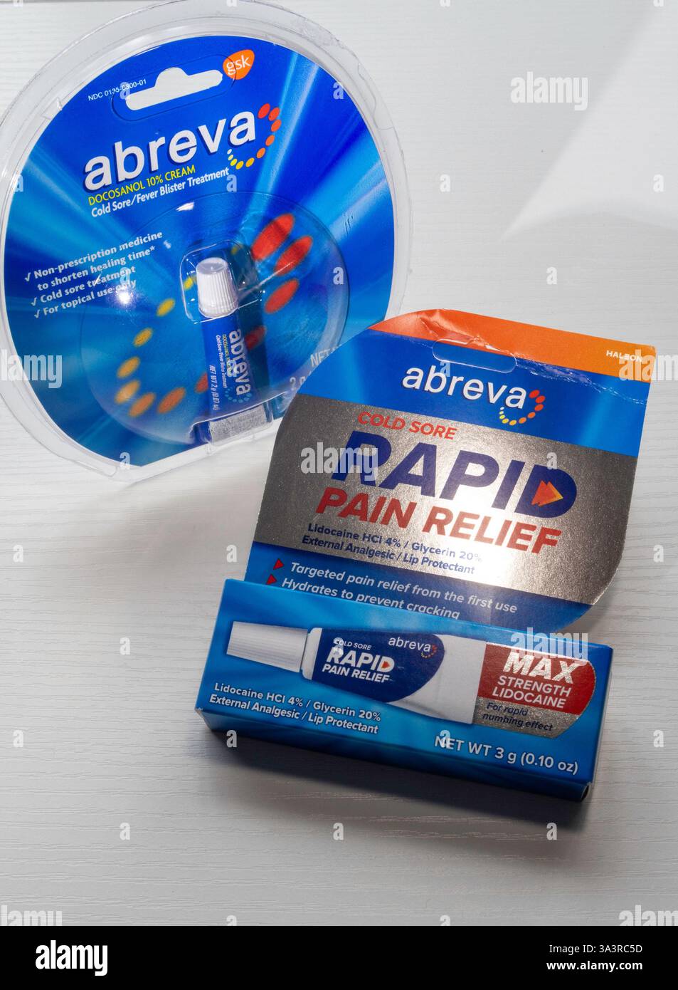 Abreva ist eine Heilcreme oder ein Gel für kalte Wunden, USA Stockfoto