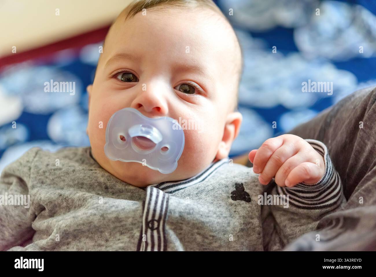 Junge mit einem Schnuller, der in die Kamera schaut Stockfoto