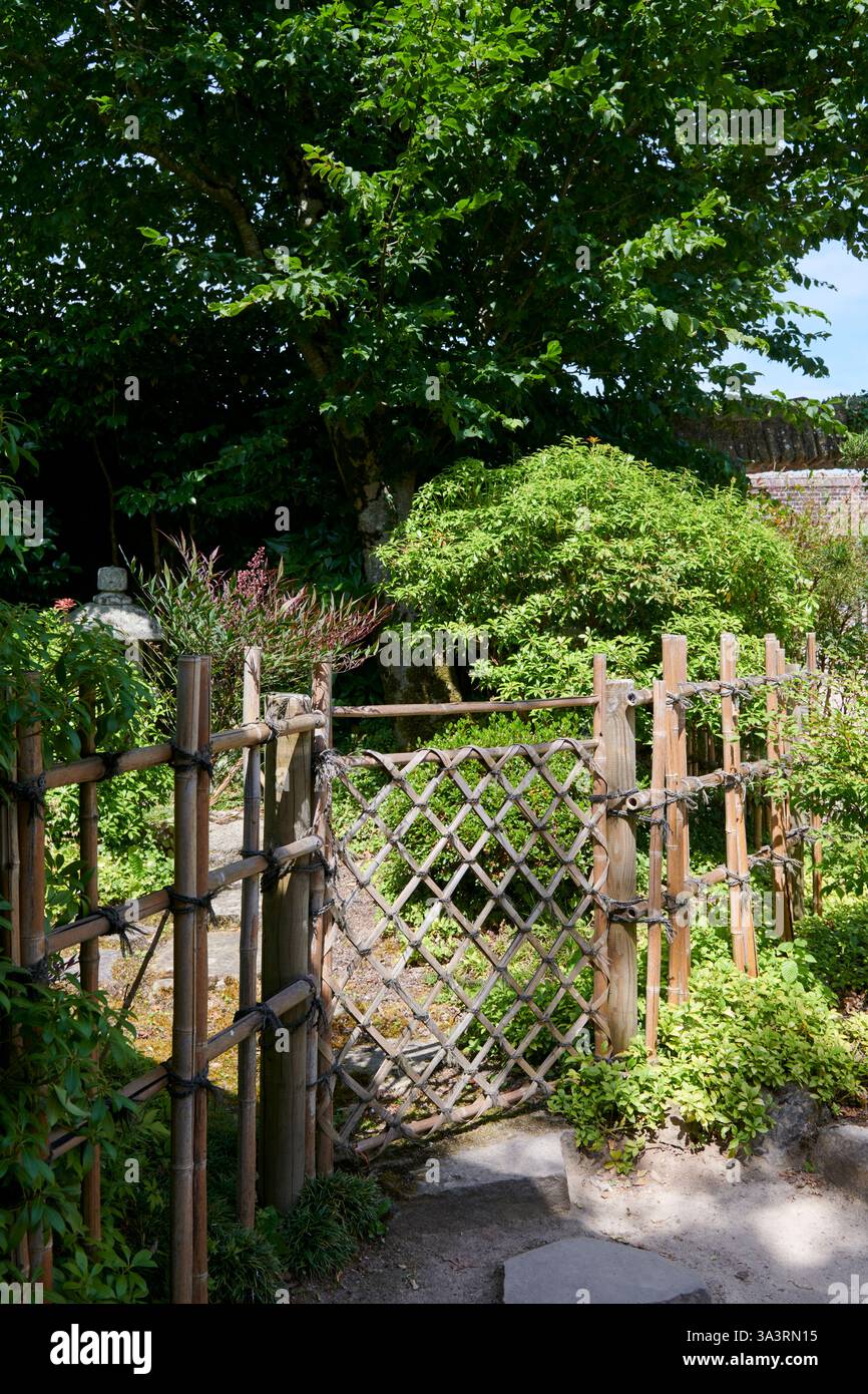 Niedrige rustikale Gartentür aus Holz an einem Sommertag, die zu einem üppig grünen Garten führt Stockfoto