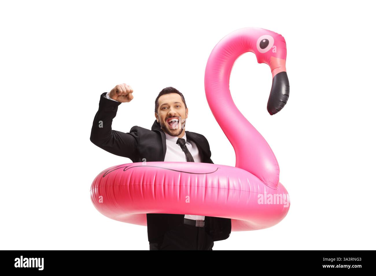 Geschäftsmann, der mit einem großen aufblasbaren Flamingo-Schwimmring springt, isoliert auf weißem Hintergrund Stockfoto