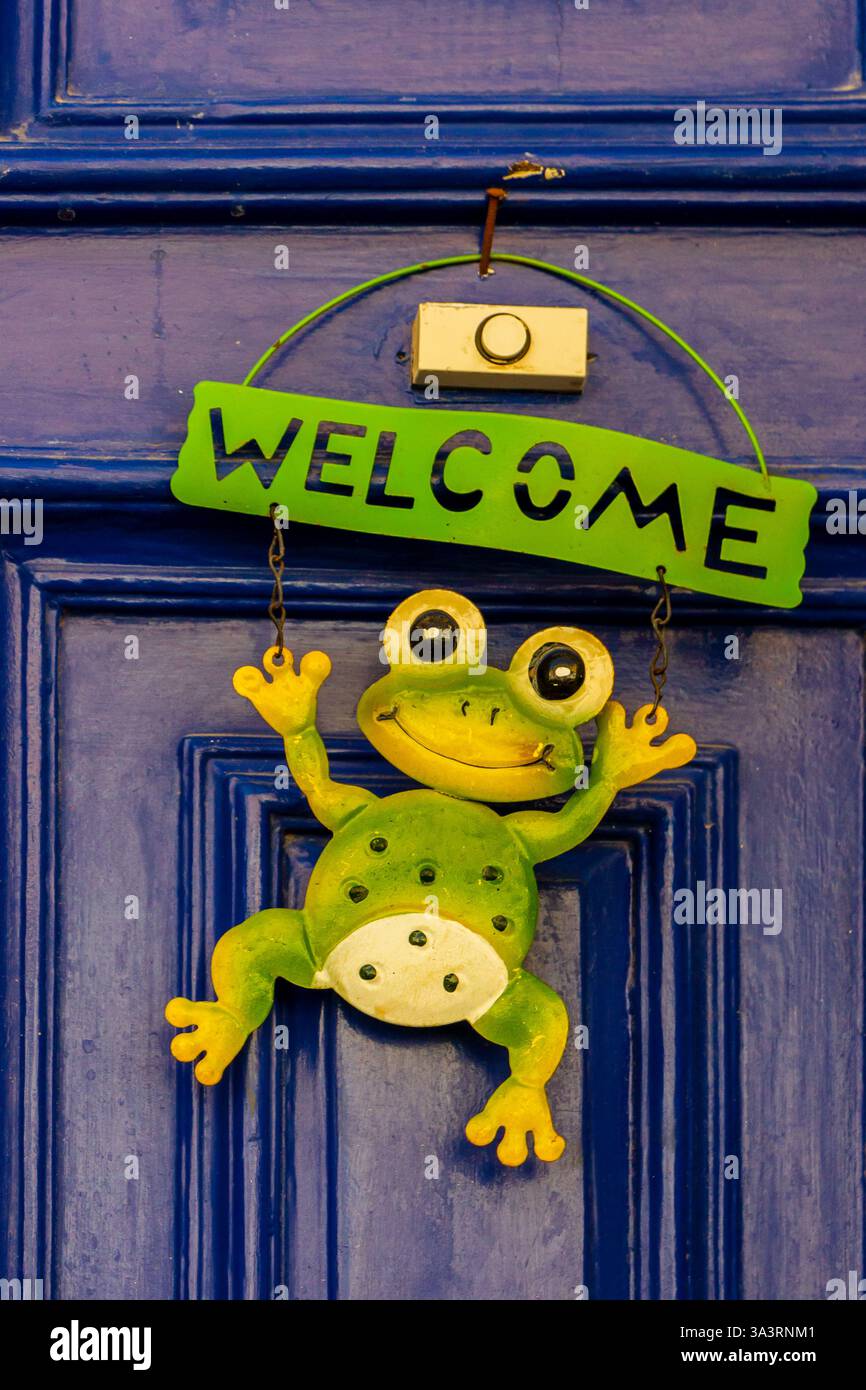 Begrüßungsschild „grüner Frosch“ hängt an einer blauen Tür mit fröhlichem Design Stockfoto