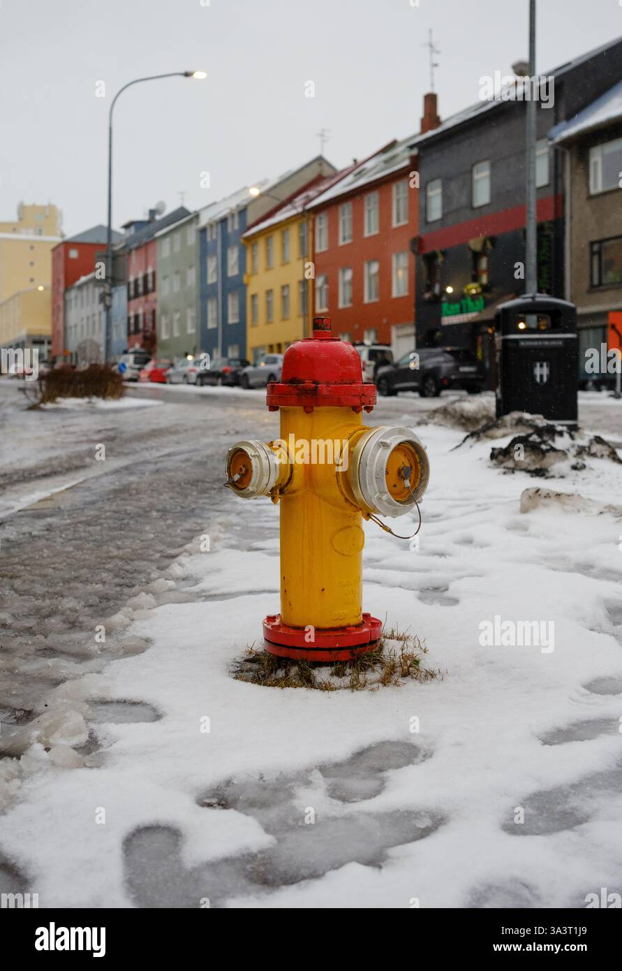 Roter und gelber Hydrant in Laugavegur Reykjavik Island, umgeben von verschneiten Pfaden und Stadtgebäuden. Stockfoto