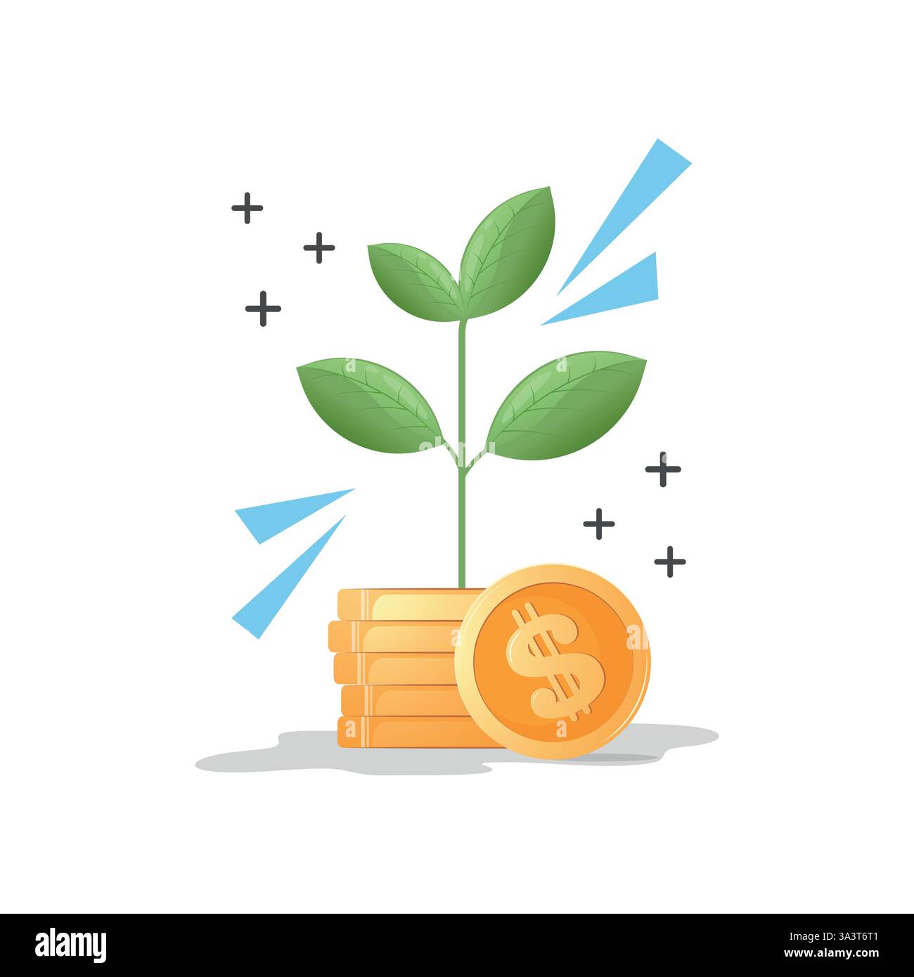 Goldmünzen wachsen auf einer grünen Pflanzenvektor-Illustration. Konzept von Wachstumseinsparungen, intelligenten Investitionen und passiven Einkünften. Geldpflanzen wachsen. Stock Vektor