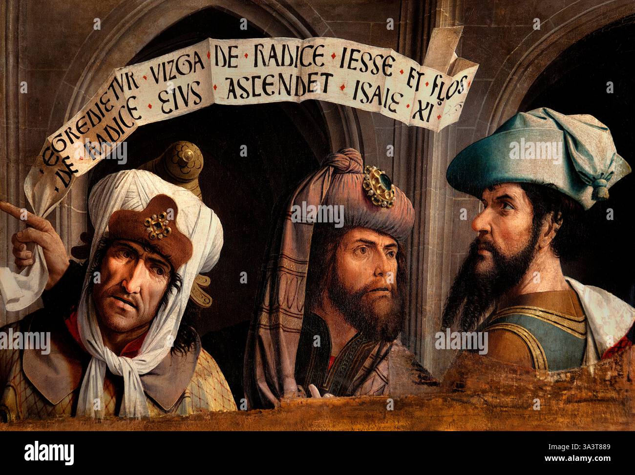 Drei Propheten 1490 Provence L’annonciation Isaie Jeremie Ezechiel Verkündigung Jesaja Jeremiah Ezekiel von Jean Changenet, Frankreich Louvre, Museum für schöne Kunst. ( Das um 1490 gemalte Kunstwerk „drei Propheten“ im Louvre ist ein Tafelbild, das Jean Changenet zugeschrieben wird. Es zeigt drei Propheten, wahrscheinlich Jesaja, Jeremia und Ezekiel, und zeichnet sich durch seinen frühen Realismus und flämische Einflüsse aus, insbesondere in der Darstellung von Texturen und Schmuckstücken. Die Sammlung des Louvre enthält dieses Stück in der Abteilung für Malerei ) Stockfoto