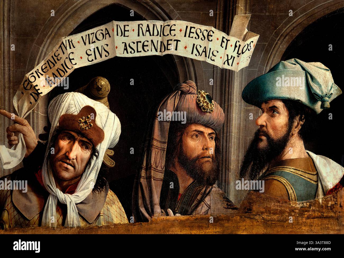 Drei Propheten 1490 Provence L’annonciation Isaie Jeremie Ezechiel Verkündigung Jesaja Jeremiah Ezekiel von Jean Changenet, Frankreich Louvre, Museum für schöne Kunst. ( Das um 1490 gemalte Kunstwerk „drei Propheten“ im Louvre ist ein Tafelbild, das Jean Changenet zugeschrieben wird. Es zeigt drei Propheten, wahrscheinlich Jesaja, Jeremia und Ezekiel, und zeichnet sich durch seinen frühen Realismus und flämische Einflüsse aus, insbesondere in der Darstellung von Texturen und Schmuckstücken. Die Sammlung des Louvre enthält dieses Stück in der Abteilung für Malerei ) Stockfoto
