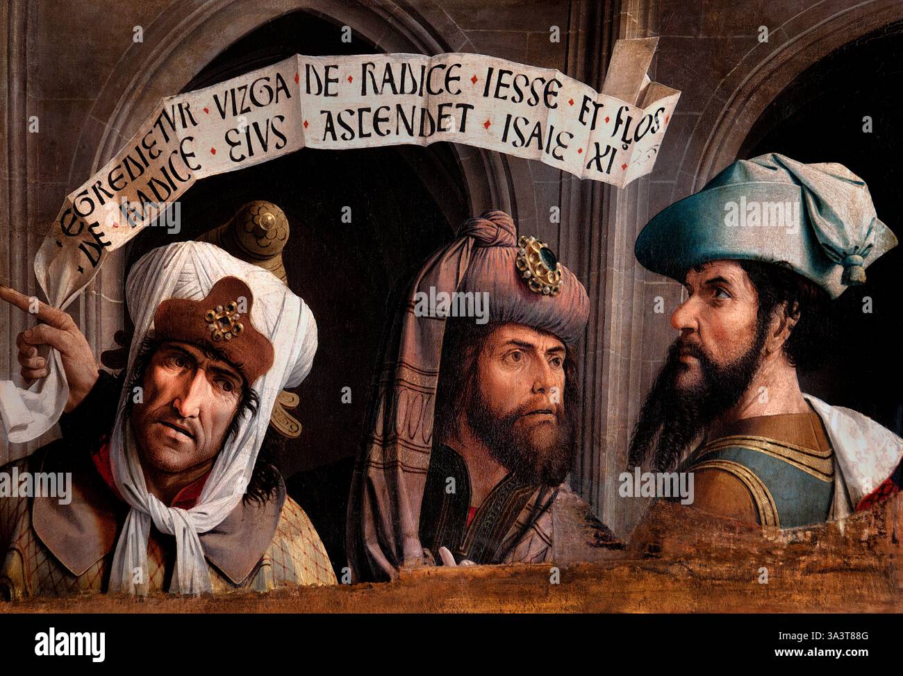 Drei Propheten 1490 Provence L’annonciation Isaie Jeremie Ezechiel Verkündigung Jesaja Jeremiah Ezekiel von Jean Changenet, Frankreich Louvre, Museum für schöne Kunst. ( Das um 1490 gemalte Kunstwerk „drei Propheten“ im Louvre ist ein Tafelbild, das Jean Changenet zugeschrieben wird. Es zeigt drei Propheten, wahrscheinlich Jesaja, Jeremia und Ezekiel, und zeichnet sich durch seinen frühen Realismus und flämische Einflüsse aus, insbesondere in der Darstellung von Texturen und Schmuckstücken. Die Sammlung des Louvre enthält dieses Stück in der Abteilung für Malerei ) Stockfoto