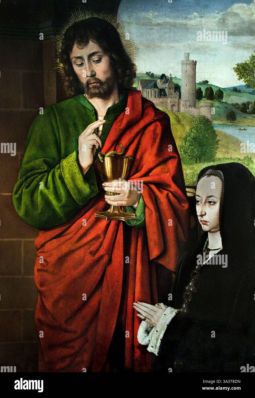 Pierre II. Sire de Beaulieu Herzog von Bourbon präsentiert von St. Peter 1492-93 von Jean Hey French Le Maitre de moulins Louvre Fine Art Museum. Pierre II., Sire de Beaujeu, auch bekannt als Peter II., Herzog von Bourbon, war eine prominente Persönlichkeit im späten 15. Jahrhundert in Frankreich. Er war der siebte Herzog von Bourbon, der den Titel 1488 erbte, und ab 1474 auch Seigneur de Beaujeu. Er ist bekannt für seine Ehe mit Anne de Beaujeu, der ältesten Tochter von König Ludwig XI., und für seine Rolle in der Regentschaft Frankreichs während der Minderheit von König Karl VIII. Stockfoto