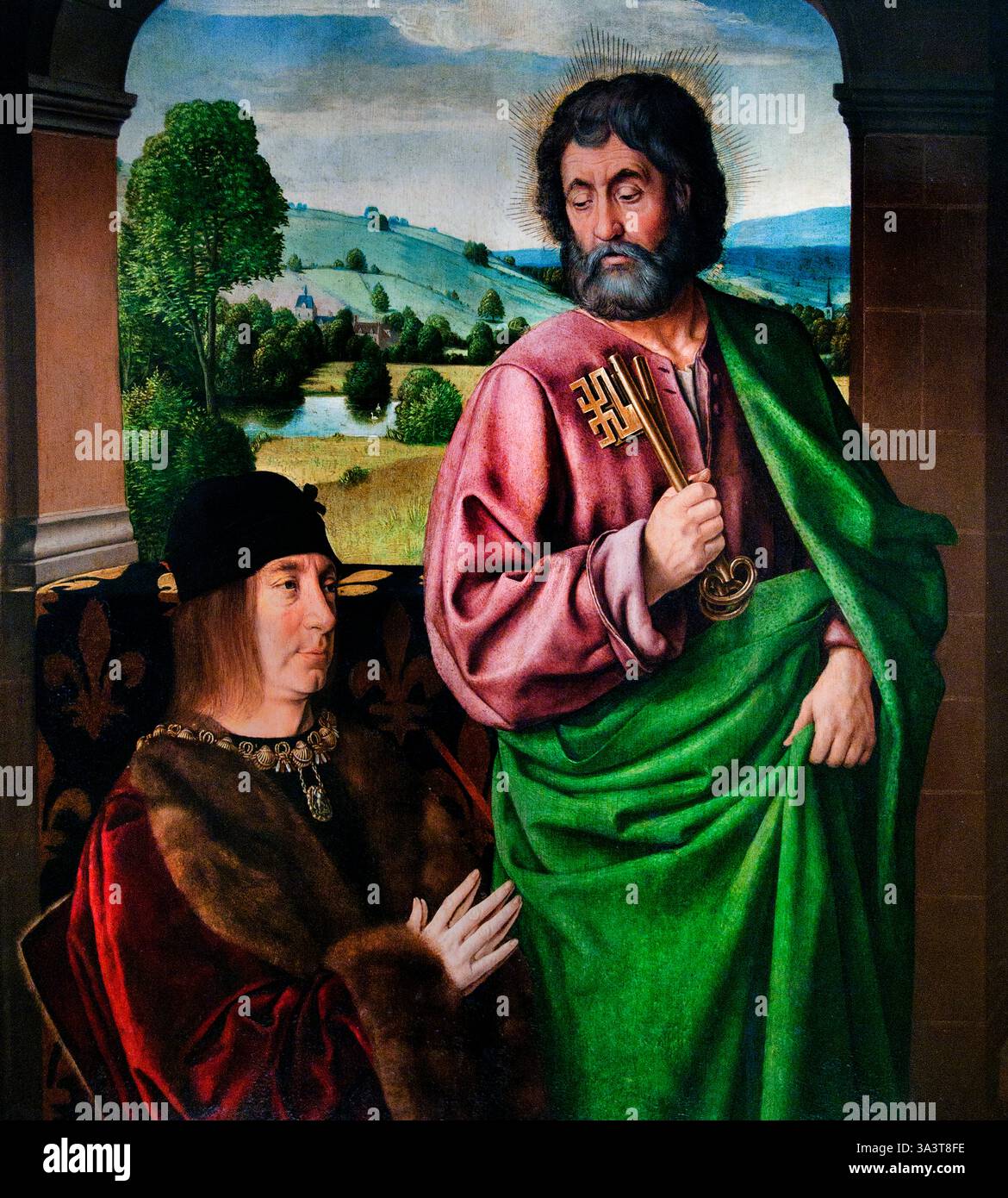 Pierre II. Sire de Beaulieu Herzog von Bourbon präsentiert von St. Peter 1492-93 von Jean Hey French Le Maitre de moulins Louvre Fine Art Museum. Pierre II., Sire de Beaujeu, auch bekannt als Peter II., Herzog von Bourbon, war eine prominente Persönlichkeit im späten 15. Jahrhundert in Frankreich. Er war der siebte Herzog von Bourbon, der den Titel 1488 erbte, und ab 1474 auch Seigneur de Beaujeu. Er ist bekannt für seine Ehe mit Anne de Beaujeu, der ältesten Tochter von König Ludwig XI. Und für seine Rolle in der Regentschaft Frankreichs während der Minderheit von König Karl VIII.) Stockfoto
