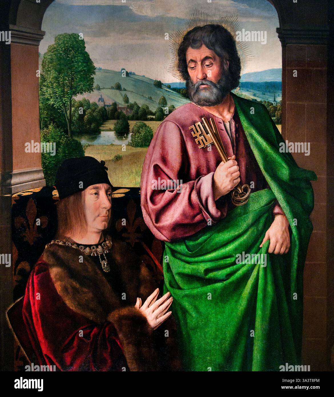 Pierre II. Sire de Beaulieu Herzog von Bourbon präsentiert von St. Peter 1492-93 von Jean Hey French Le Maitre de moulins Louvre Fine Art Museum. Pierre II., Sire de Beaujeu, auch bekannt als Peter II., Herzog von Bourbon, war eine prominente Persönlichkeit im späten 15. Jahrhundert in Frankreich. Er war der siebte Herzog von Bourbon, der den Titel 1488 erbte, und ab 1474 auch Seigneur de Beaujeu. Er ist bekannt für seine Ehe mit Anne de Beaujeu, der ältesten Tochter von König Ludwig XI. Und für seine Rolle in der Regentschaft Frankreichs während der Minderheit von König Karl VIII.) Stockfoto