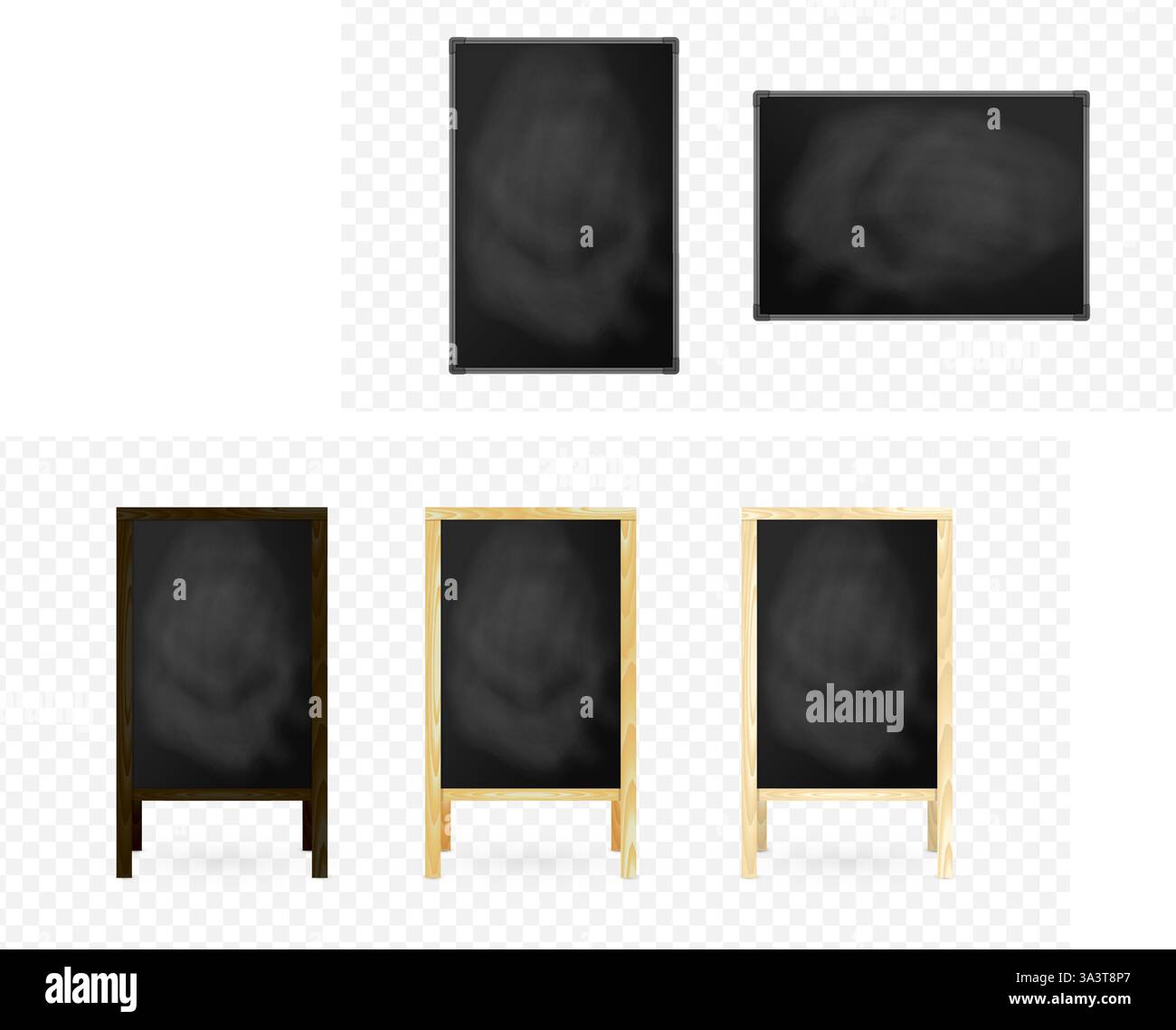 Schwarze Schwarze Tafeln mit Metallrahmen, vertikal und horizontal. Ideal für den Bildungsbereich, Büropräsentationen, Business Signage. Klassische Schule und Business Stock Vektor