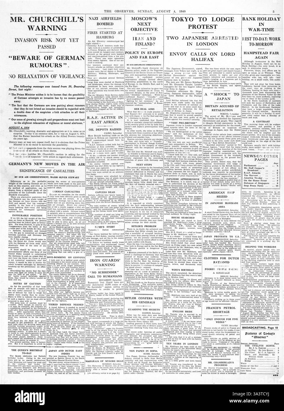 1940 s. 5 Beobachter Churchills Warnung Invasion Risiko Stockfoto