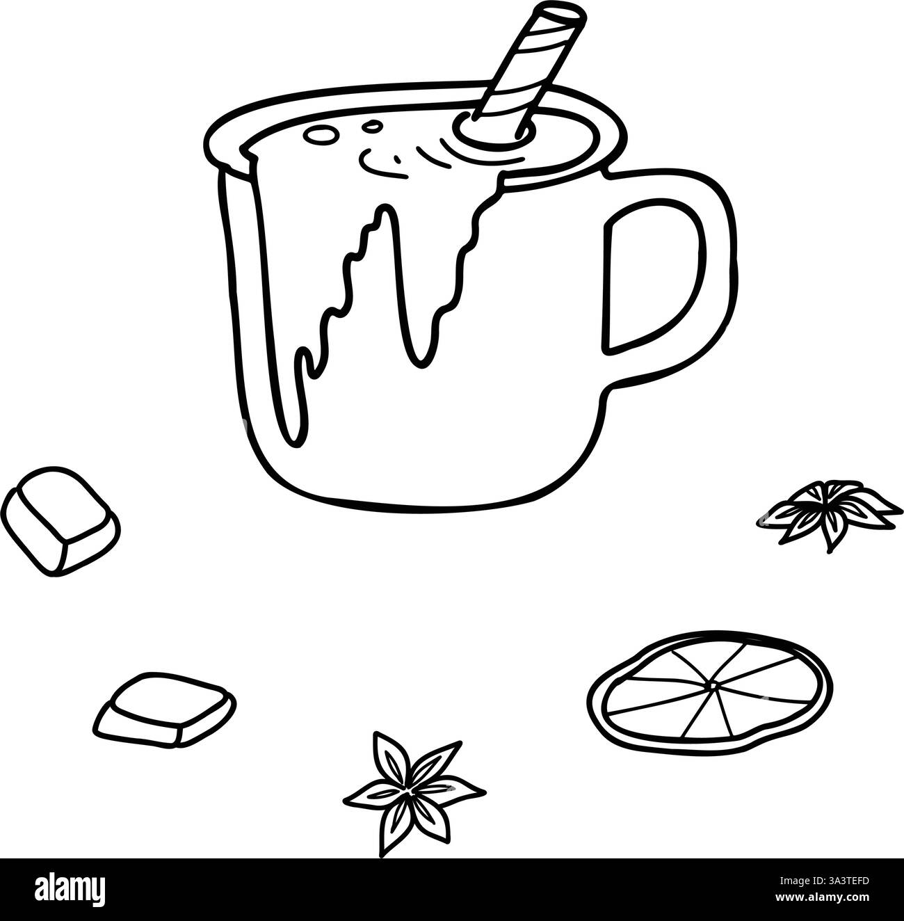 Tasse heiße Schokolade mit Schokoladentafeln und getrockneter Orangenscheibe, Anissterne isoliert auf einem Hintergrund. Vektor-handgezeichnete Illustration in Doodle Stock Vektor