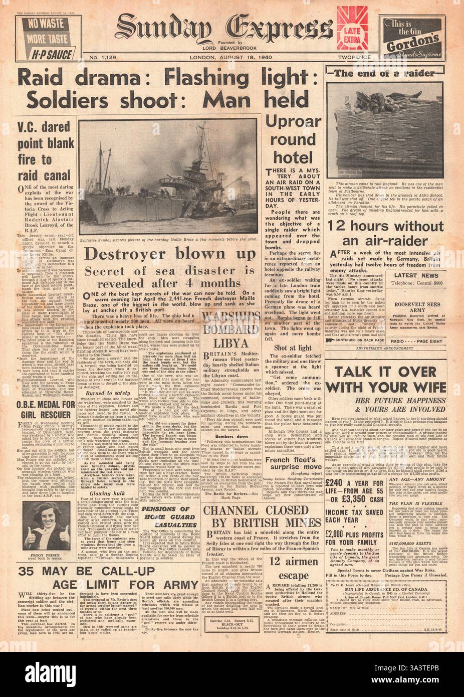1940 Titelseite Sunday Express Luftwaffe greift Großbritannien an und versenkt den französischen Zerstörer Maille Breze bei Greenock nach einem Torpedounfall Stockfoto