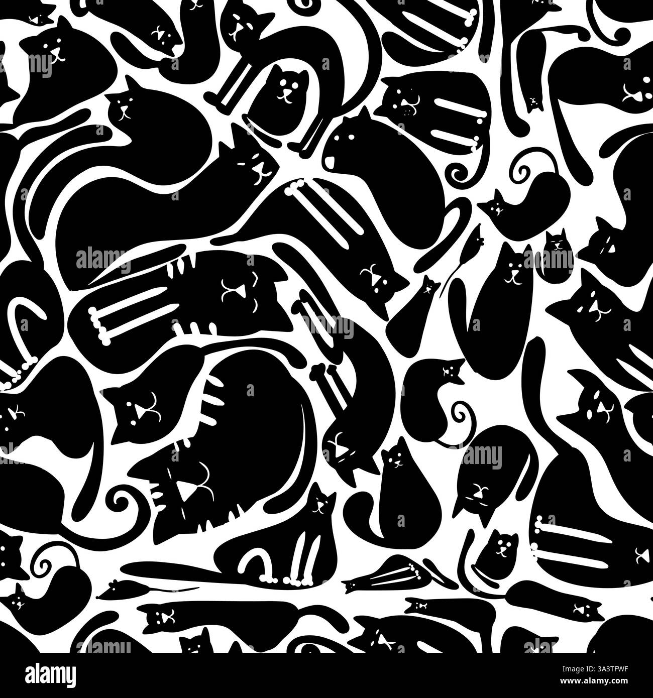 Schwarzer nahtloser Hintergrund für Katzen. Handzeichnung. Nicht AI, Vektorillustration Stock Vektor