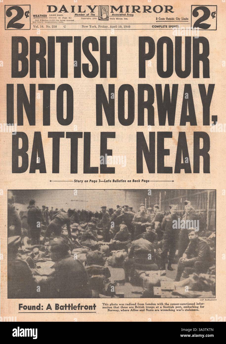 1940-Titelseite New York Daily Mirror mehr britische Kräfte Land in Norwegen Stockfoto